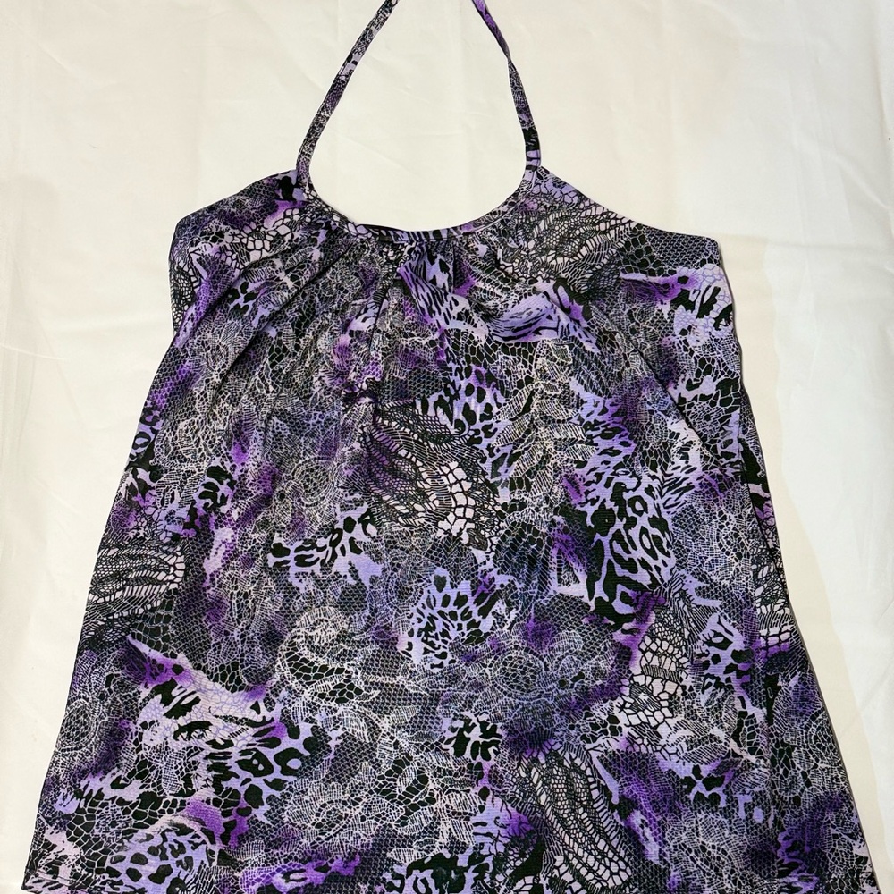 Iz Byer large Purple and Black Halter Top women's lined blouse